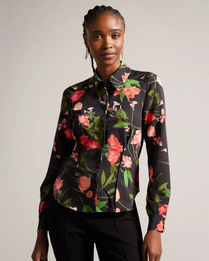 Ted Baker Tops and Blouses Women MEGGHA 8211 Floral Satin Shirt With Exposed Seams Black Ted Baker Tops and Blouses Women MEGGHA 8211 Floral Satin Shirt With Exposed Seams Black