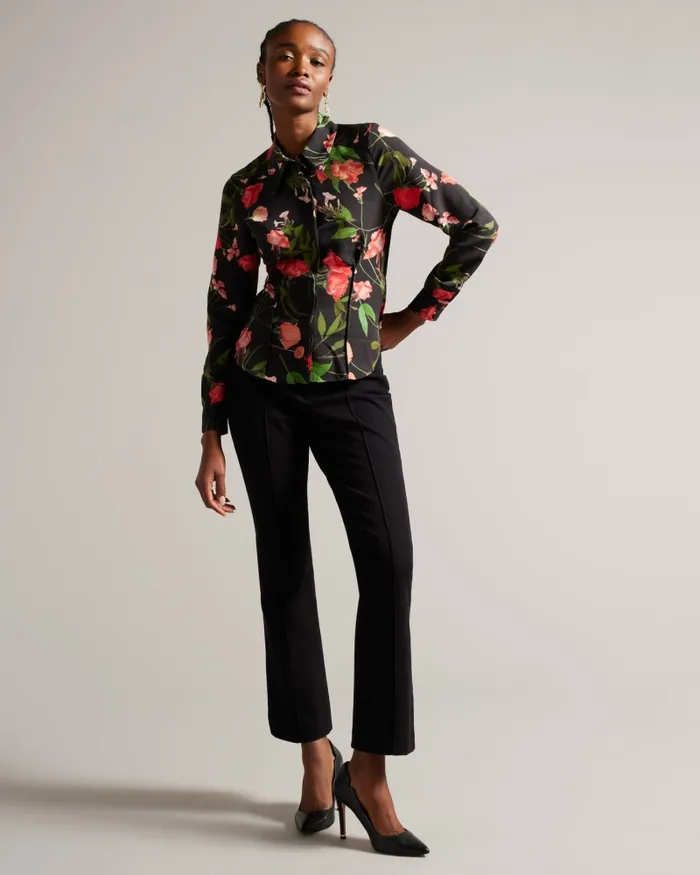 Ted Baker Tops and Blouses Women MEGGHA 8211 Floral Satin Shirt With Exposed Seams Black Ted Baker Tops and Blouses Women MEGGHA 8211 Floral Satin Shirt With Exposed Seams Black