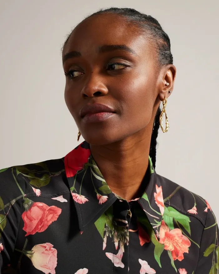 Ted Baker Tops and Blouses Women MEGGHA 8211 Floral Satin Shirt With Exposed Seams Black Ted Baker Tops and Blouses Women MEGGHA 8211 Floral Satin Shirt With Exposed Seams Black