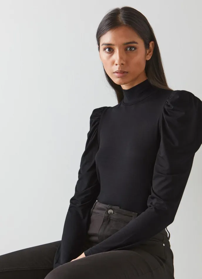 Tops Women LKBennett Cora Black Jersey Puff Sleeve Turtle Neck Top Black