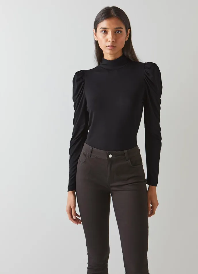 Tops Women LKBennett Cora Black Jersey Puff Sleeve Turtle Neck Top Black Tops Women LKBennett Cora Black Jersey Puff Sleeve Turtle Neck Top Black