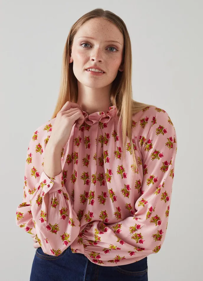 Tops Women LKBennett Edeline Pink And Red Rosebud Print Silk Top Pink