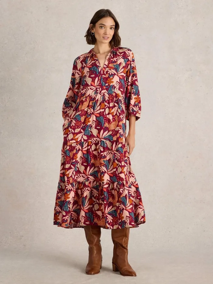 Virginia Tiered Shirt Dress Plum Purple Print Women White Stuff Dresses