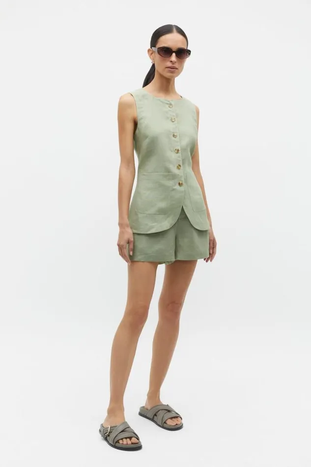 Woman Linen Button Down Vest Pale Olive Seed Heritage TShirts and Tops