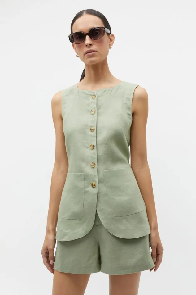 Woman Linen Button Down Vest Pale Olive Seed Heritage TShirts and Tops