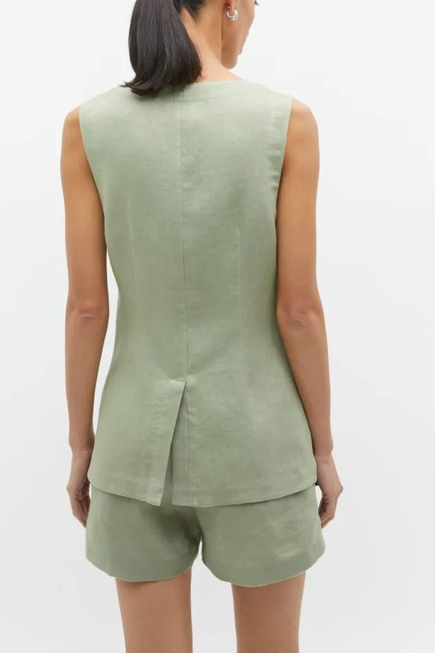 Woman Linen Button Down Vest Pale Olive Seed Heritage TShirts and Tops