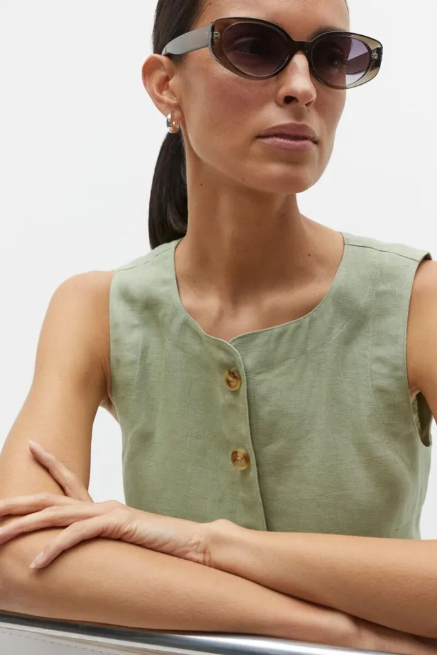 Woman Linen Button Down Vest Pale Olive Seed Heritage TShirts and Tops