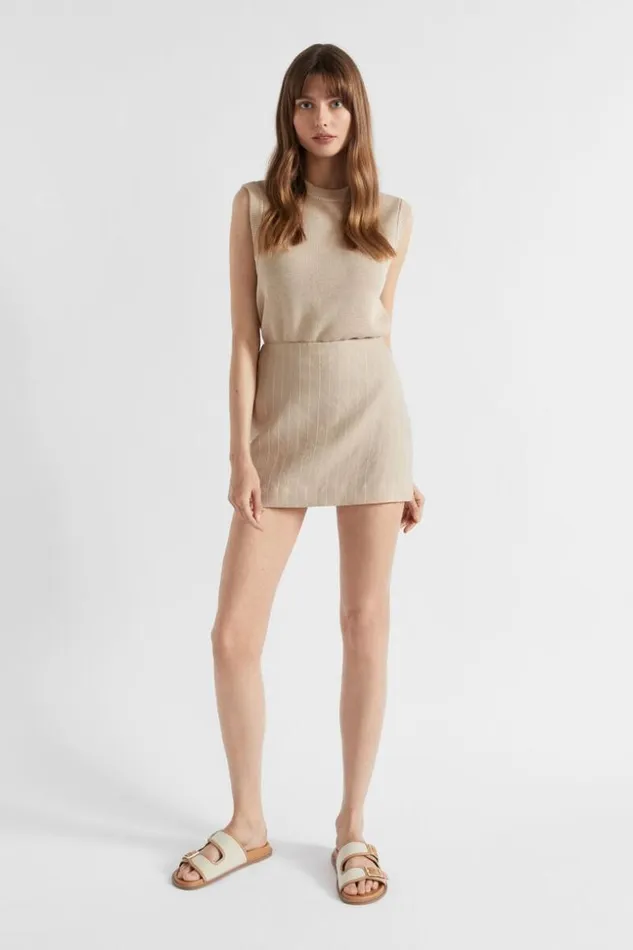 Woman Linen Pinstripe Mini Skirt Cool Sand Pinstripe Seed Heritage Linen