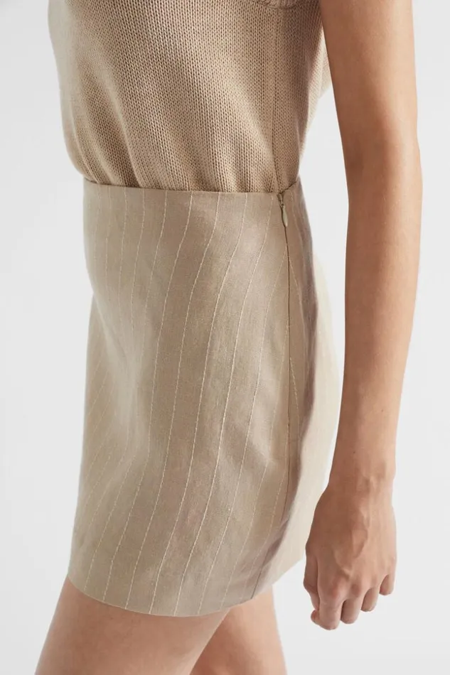 Woman Linen Pinstripe Mini Skirt Cool Sand Pinstripe Seed Heritage Linen