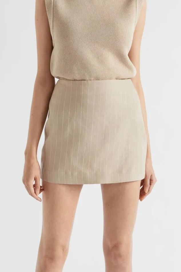 Woman Linen Pinstripe Mini Skirt Cool Sand Pinstripe Seed Heritage Linen