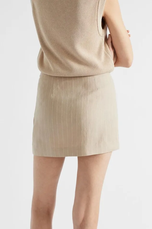 Woman Linen Pinstripe Mini Skirt Cool Sand Pinstripe Seed Heritage Linen