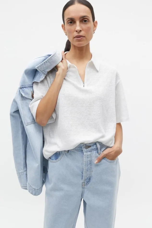 Woman Linen Rib Polo Top Whisper White Seed Heritage TShirts and Tops