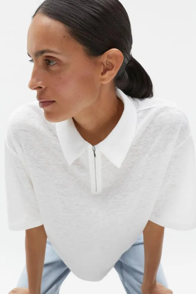 Woman Linen Rib Polo Top Whisper White Seed Heritage TShirts and Tops