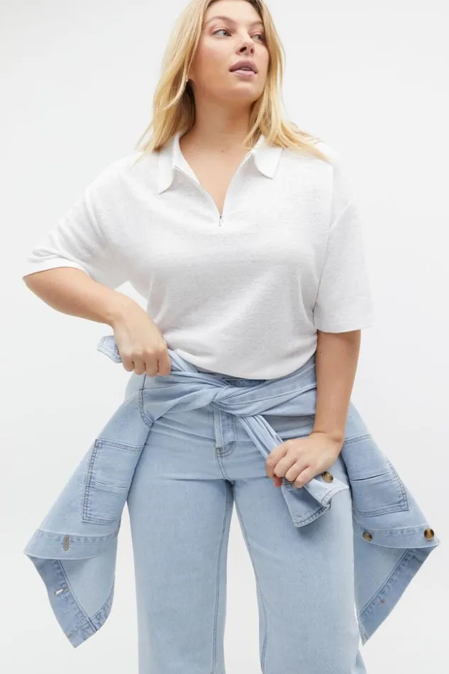 Woman Linen Rib Polo Top Whisper White Seed Heritage TShirts and Tops