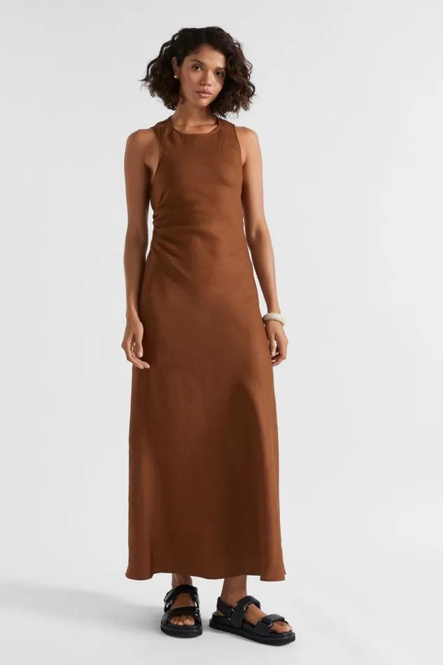 Woman Linen Ruched Side Maxi Dress Spice Seed Heritage Linen