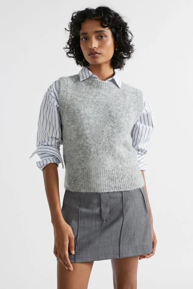 Woman Wool Blend Crew Neck Vest Silver Marle Seed Heritage Knitwear and Sweaters