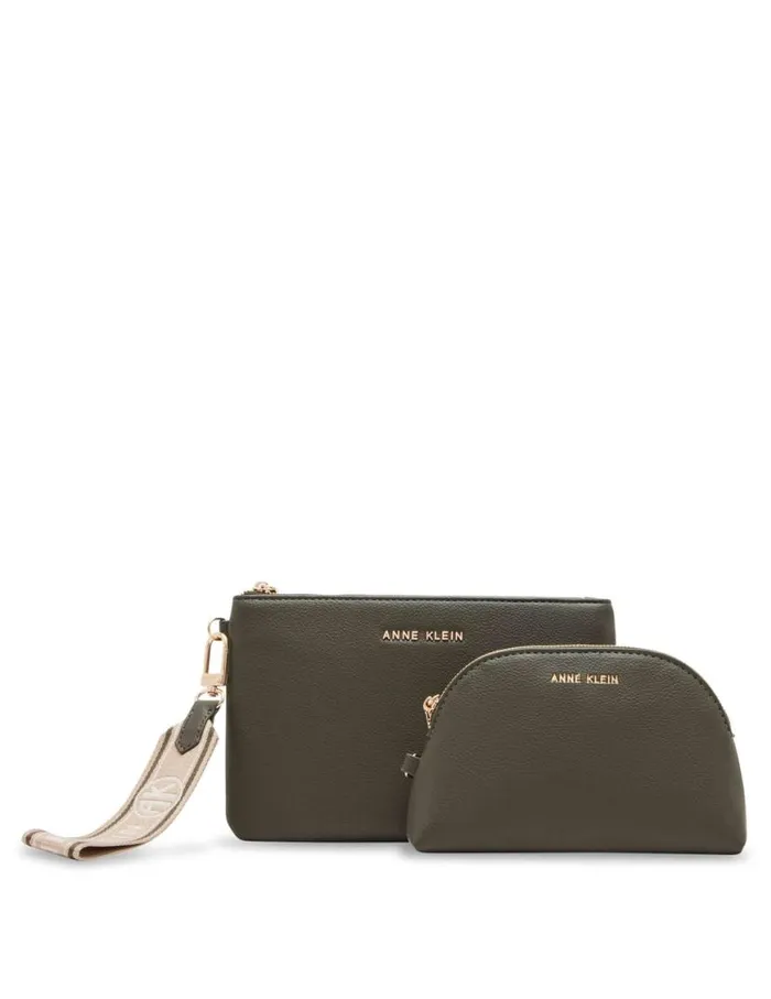 Women 3 Piece Pouch Gift Set With Web Detailing Dark Olive Anne Klein Wallets and Wristlets
