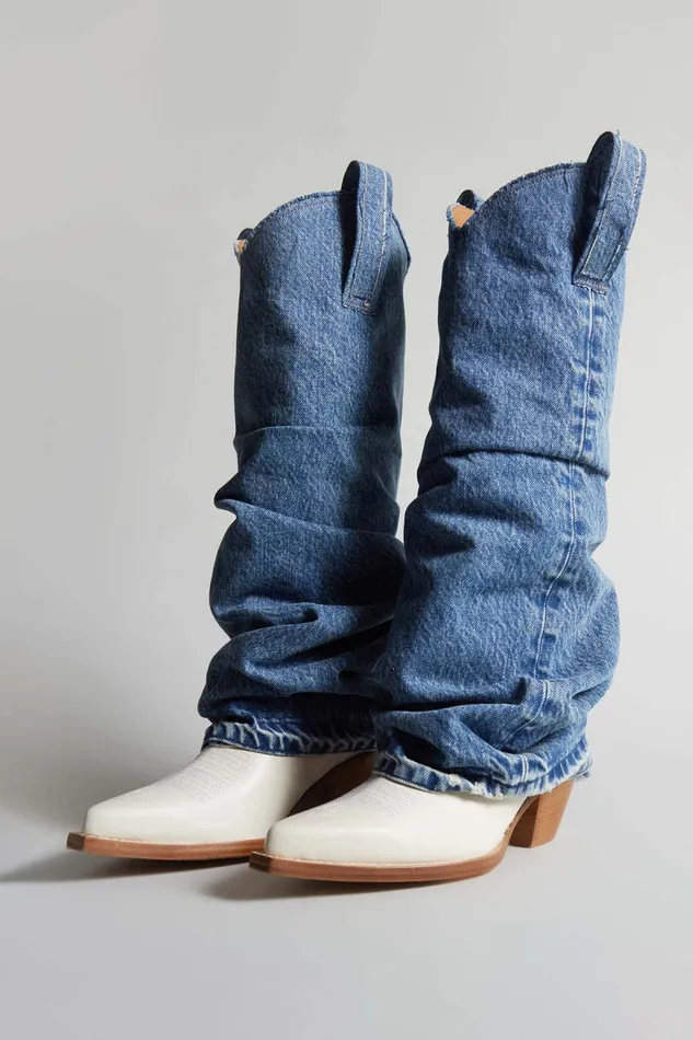 Women Boots R13 Mid Cowboy Boot With Denim Sleeve 8211 Blue And White