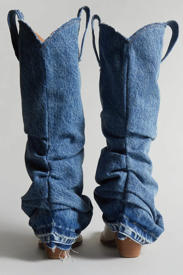 Women Boots R13 Mid Cowboy Boot With Denim Sleeve 8211 Blue And White