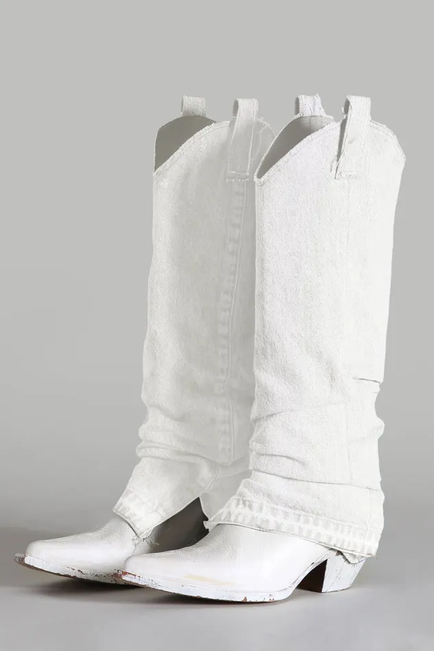 Women Boots R13 Mid Cowboy Boot With Denim Sleeve 8211 White Denim