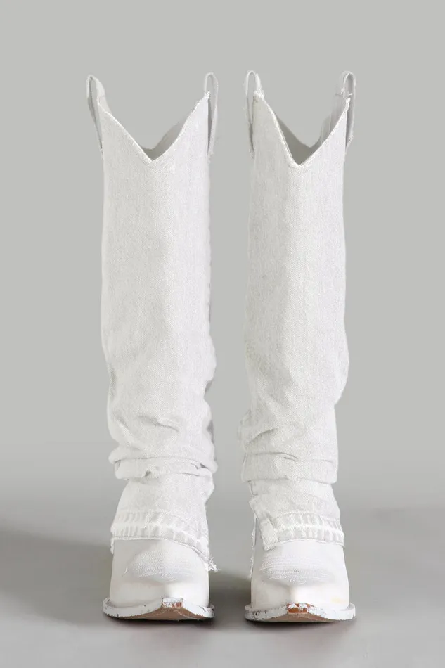 Women Boots R13 Mid Cowboy Boot With Denim Sleeve 8211 White Denim