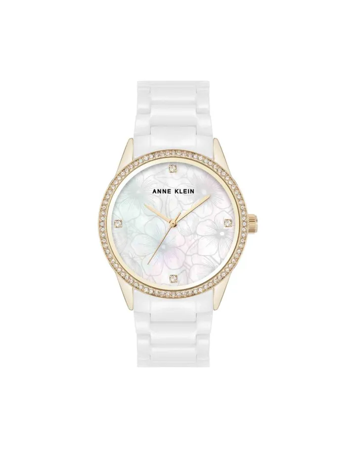 Women Ceramic Bracelet Floral Dial Watch Tauperose Goldtone Anne Klein Watches