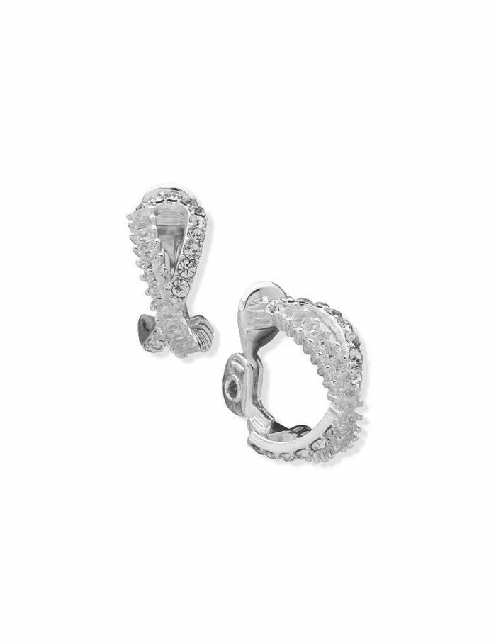Women Crystal Pave Baguette Hoop Clip Earrings Silvertone Anne Klein Clip Earrings