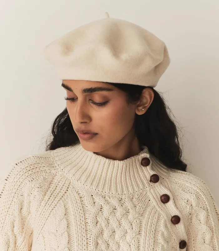 Women DEN Belts Hats and Gloves Georgianna Beret Cream Wool