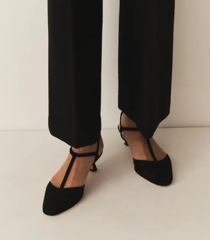 Women DEN Shoes Tabitha TStrap Heel Black Suede