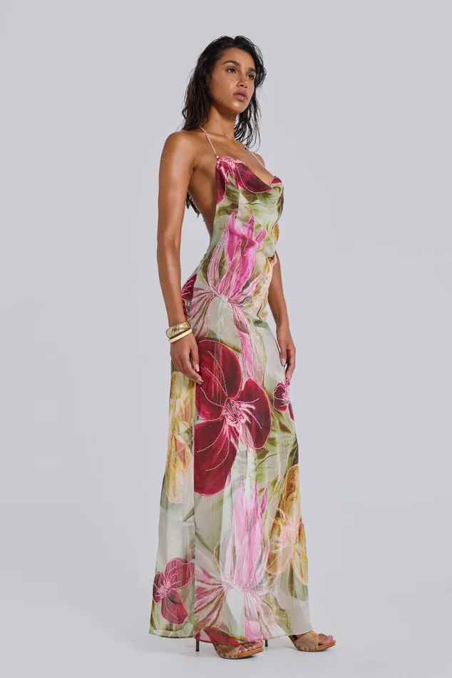 Women Dahlia HandBeaded Backless Chiffon Maxi Dress Jaded London Dresses