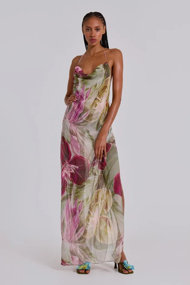 Women Dahlia HandBeaded Backless Chiffon Maxi Dress Jaded London Dresses