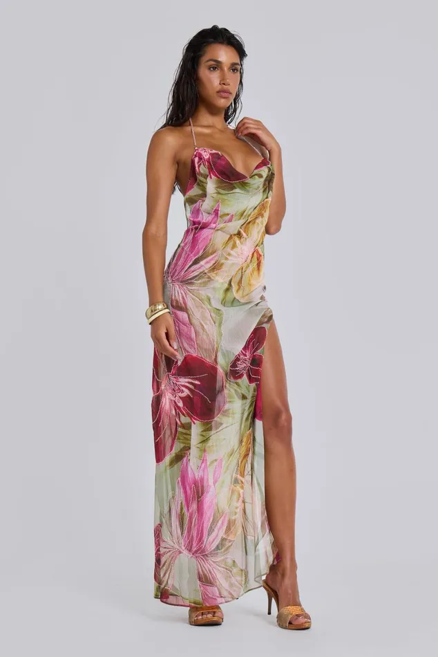 Women Dahlia HandBeaded Backless Chiffon Maxi Dress Jaded London Dresses