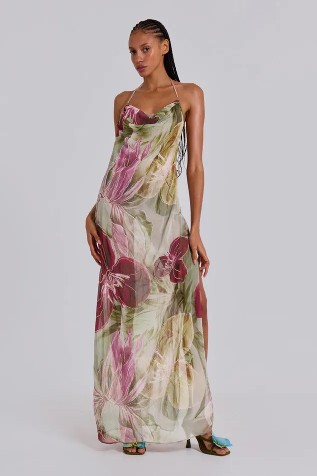 Women Dahlia HandBeaded Backless Chiffon Maxi Dress Jaded London Dresses