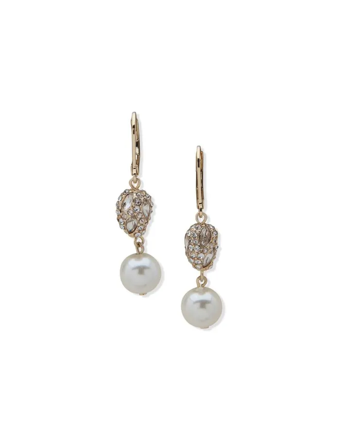 Women Double Drop Crystal Faux Pearl Nugget Earrings Anne Klein Pierced Earrings