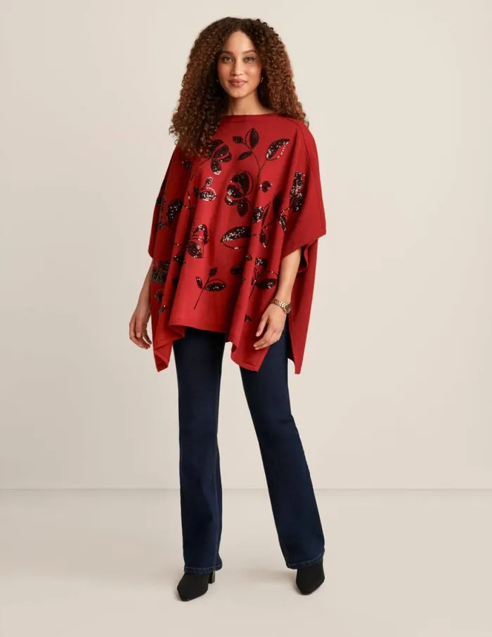 Women Floral Sequin Poncho Titian Red Anne Klein Outerwear