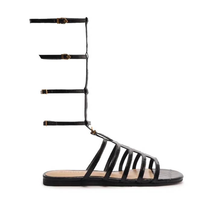 Women Hayden CrocodileEmbossed Leather Sandal Black Schutz Shoes Flats