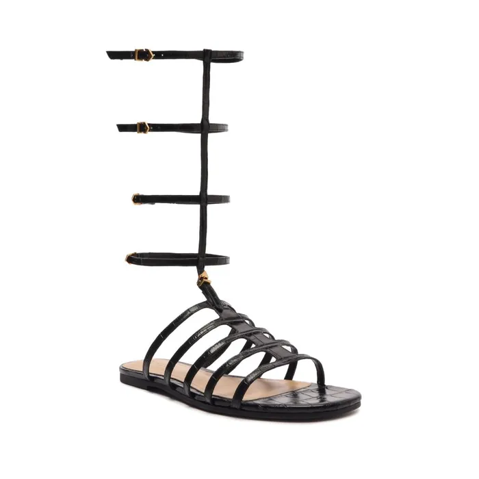 Women Hayden CrocodileEmbossed Leather Sandal Black Schutz Shoes Flats