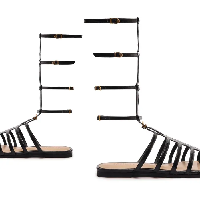 Women Hayden CrocodileEmbossed Leather Sandal Black Schutz Shoes Flats