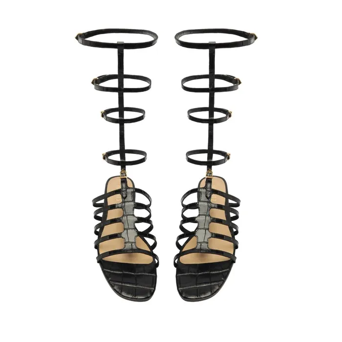 Women Hayden CrocodileEmbossed Leather Sandal Black Schutz Shoes Flats