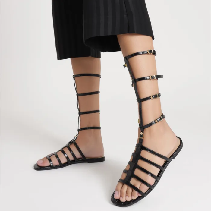 Women Hayden CrocodileEmbossed Leather Sandal Black Schutz Shoes Flats