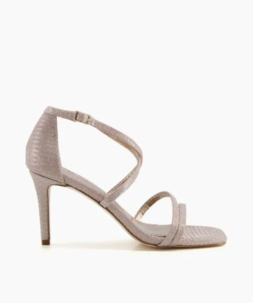 Women Heeled Sandals Dune London Musical 8211 Rose Gold Metallic Fabric