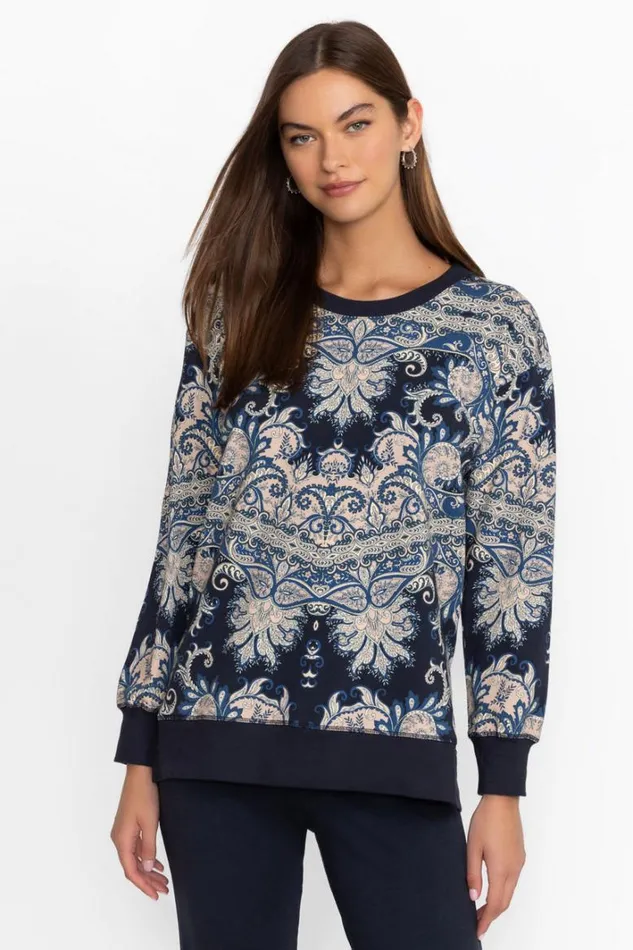 Women Johnny Was Active High Low Crew Neck Sweatshirt Roman Paisey Scarf Print