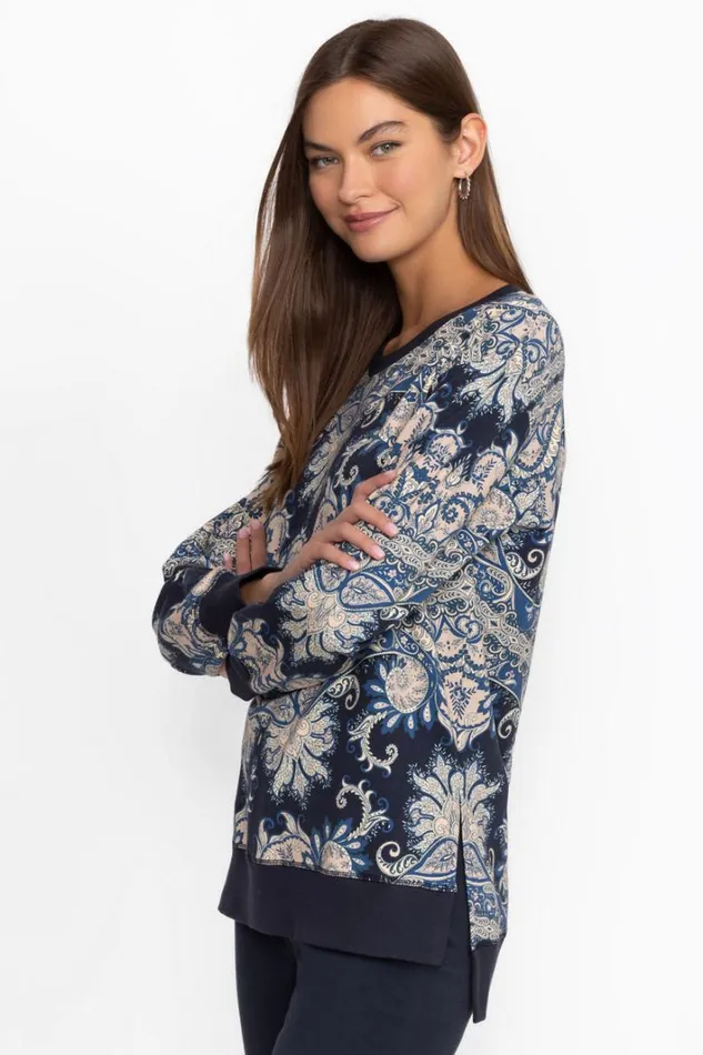 Women Johnny Was Active High Low Crew Neck Sweatshirt Roman Paisey Scarf Print