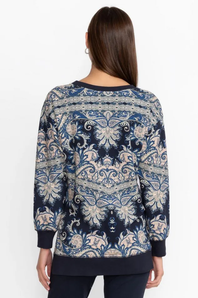 Women Johnny Was Active High Low Crew Neck Sweatshirt Roman Paisey Scarf Print