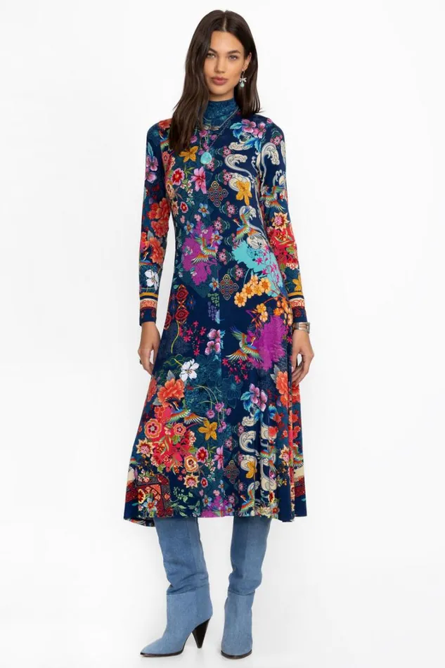 Women Johnny Was Dresses The Janie Favorite Seamed Mock Neck Dress Dreamer Blu