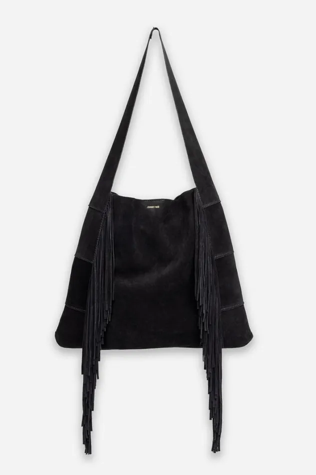Women Johnny Was Handbags Nero Italian Suede Fringe Hobo Black