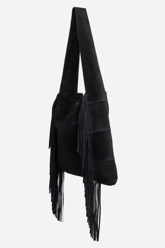 Women Johnny Was Handbags Nero Italian Suede Fringe Hobo Black