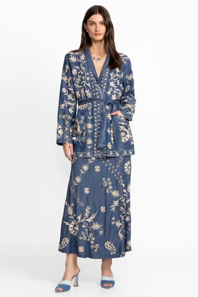 Women Johnny Was Outerwear Belted Military Jacket Denim Blue