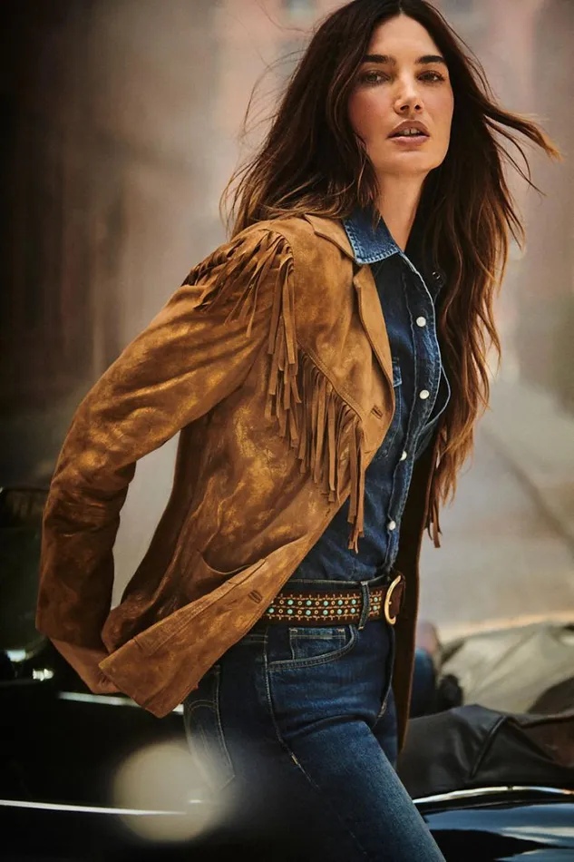 Women Johnny Was Outerwear Gold Shimmer Italian Suede Fringe Jacket Gold