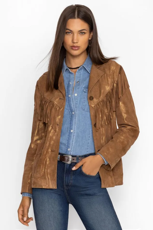 Women Johnny Was Outerwear Gold Shimmer Italian Suede Fringe Jacket Gold
